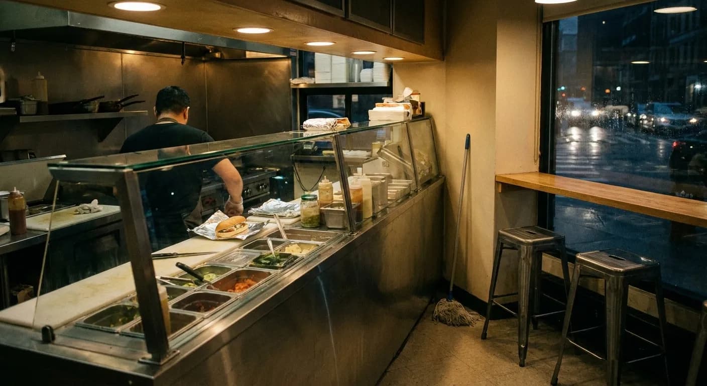 A small late-night counter with a stainless prep line, a cook wrapping food in foil and two stools at a window shelf