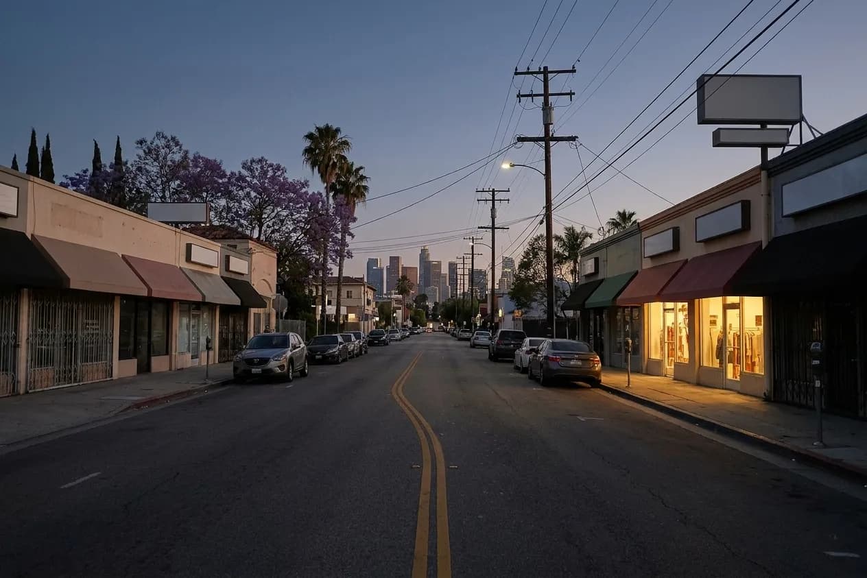 Sunset Boulevard through Echo Park at dusk, a curving commercial street of low-rise shopfronts with warm light spilling from a few windows, palms above the roofline and the downtown skyline small in the distance