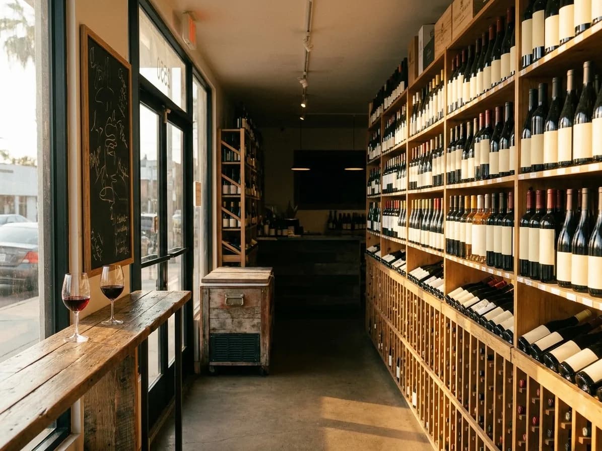 A small Los Angeles bottle shop that pours by the glass, floor-to-ceiling wooden racks beside a narrow standing counter at the window holding two glasses of chilled red in late golden light