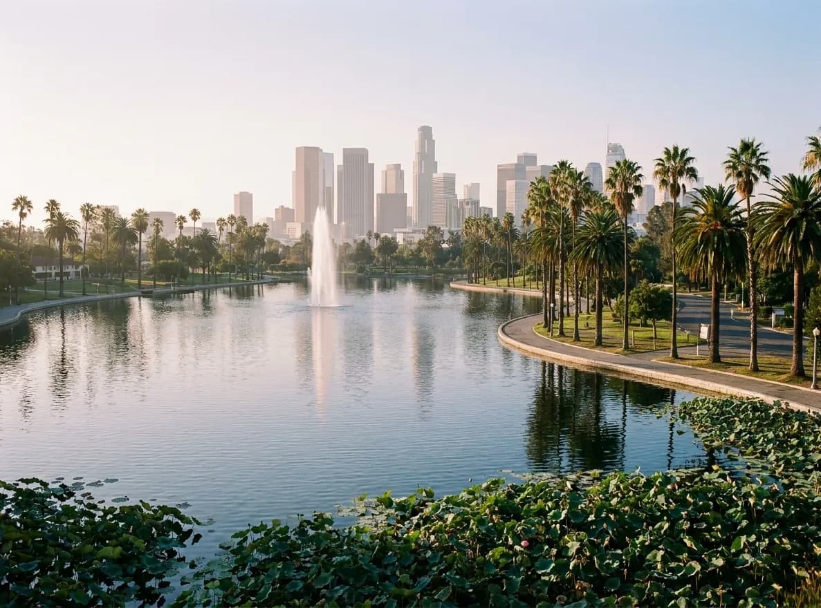 A city lake in the morning with lotus pads along the near edge, palms curving around the far shore and downtown towers rising in the haze behind