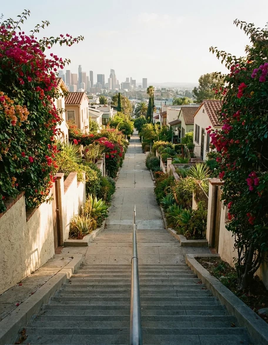 A long concrete public stairway climbing between garden walls and bougainvillea, with houses stepping up on both sides and a city view at the top