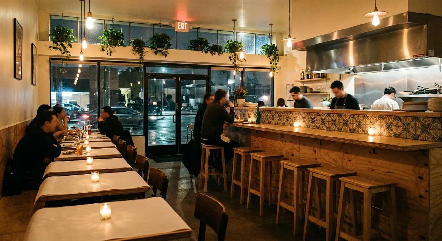 A compact Los Angeles eastside dining room at eight in the evening, close-set tables with small candles beside a plywood-and-tile bar, with an open kitchen pass framed in stainless steel at the back