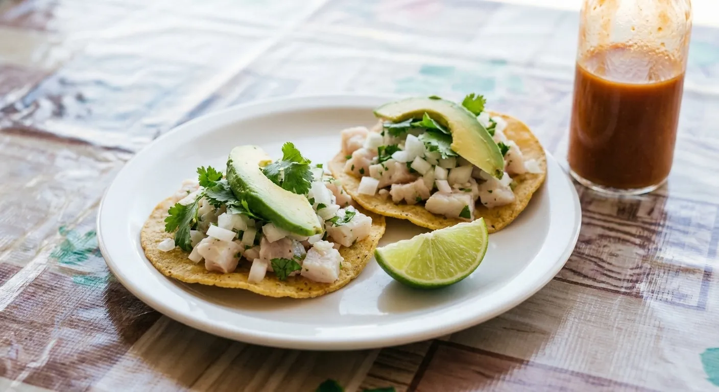 Two tostadas topped with lime-cured fish, onion, coriander and avocado on a plain plate beside a lime wedge and hot sauce