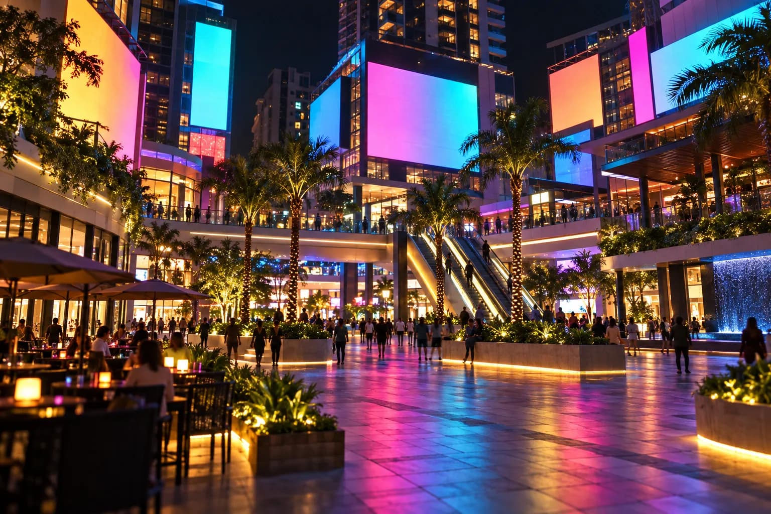 A brightly lit entertainment complex plaza at night in downtown Los Angeles