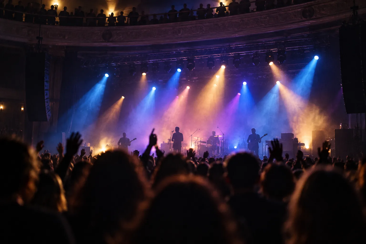 A mid-sized concert hall with a lit stage seen from the floor