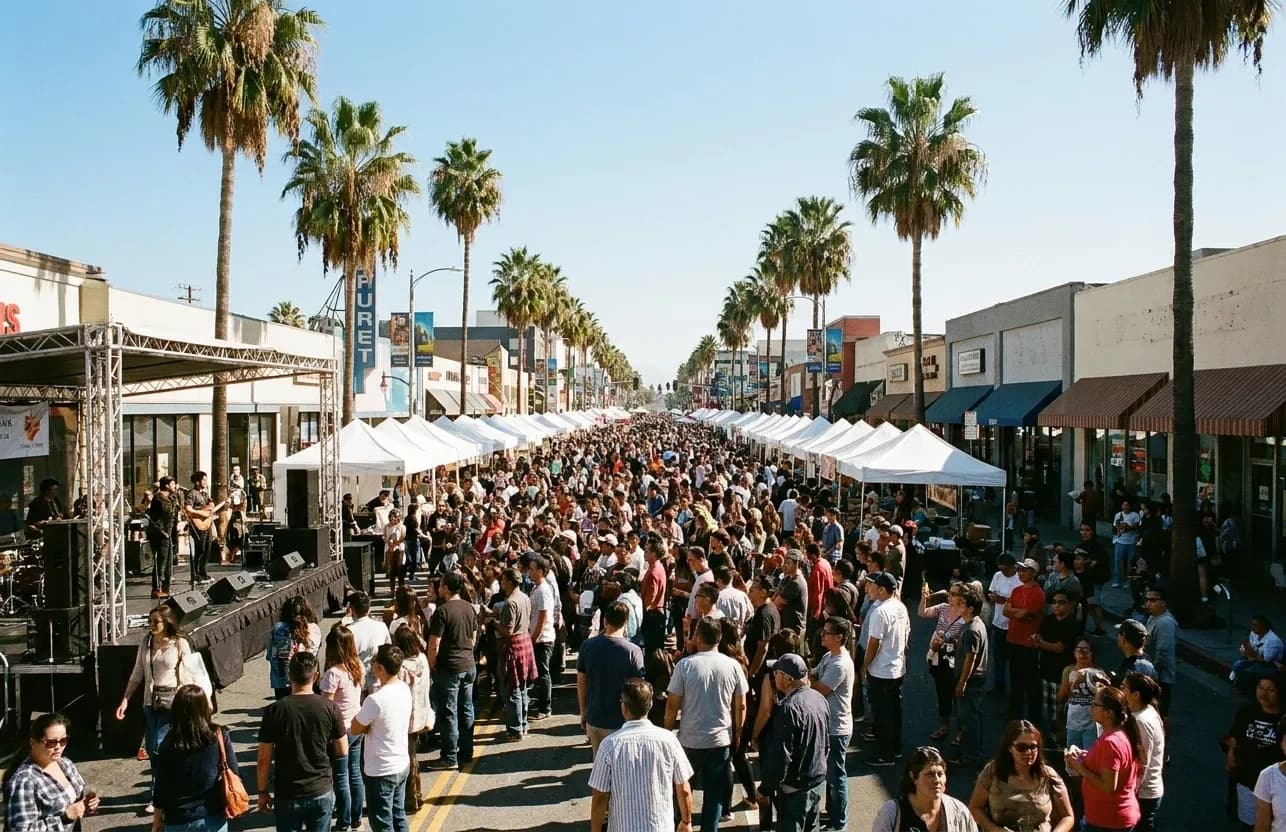 A closed-off Los Angeles boulevard with two rows of white canopy stalls and a dense crowd moving between them in hard afternoon sun