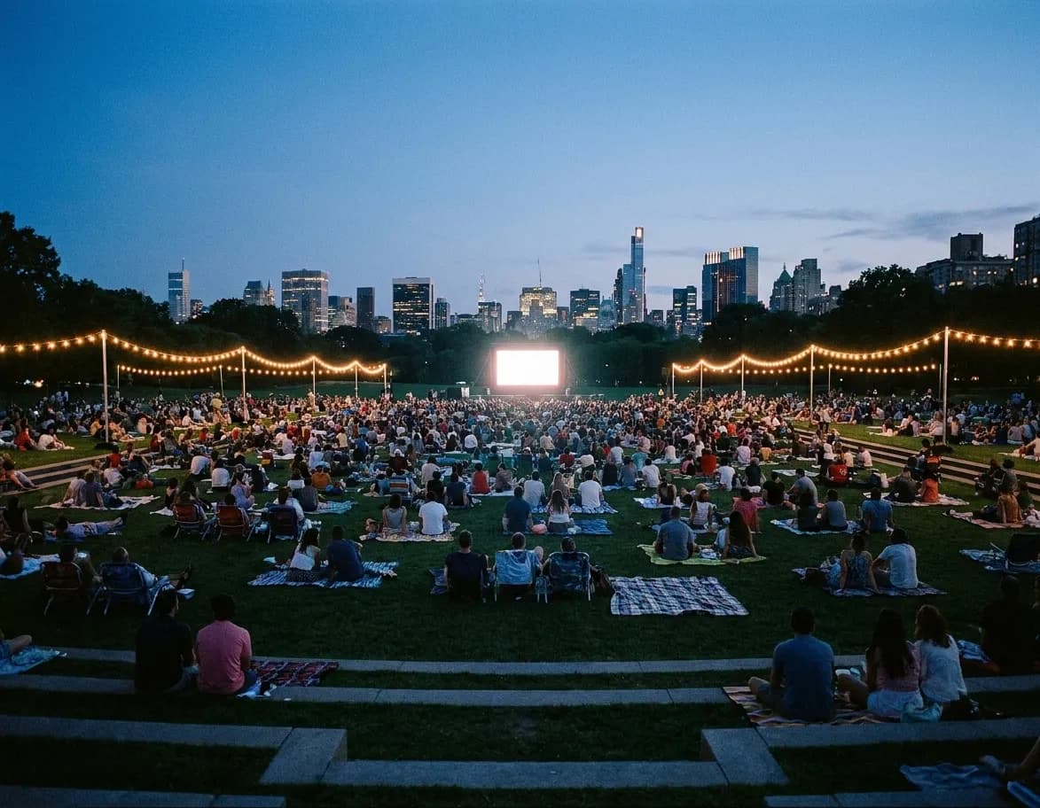 Several hundred people on blankets on a wide lawn at dusk facing a bright rectangular glow, with string lights along the sides