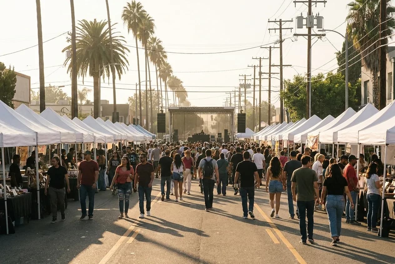 Rows of white canopy stalls down a closed Los Angeles boulevard with a crowd moving between them and a low stage at the far end