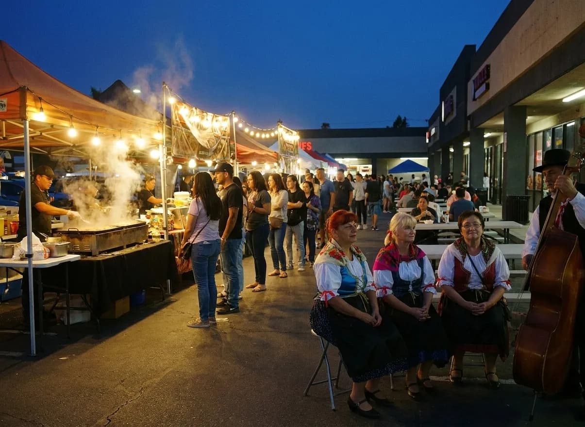 Rows of food stalls under strung bulbs at a Los Angeles night market, steam rising from griddles and people queuing between them