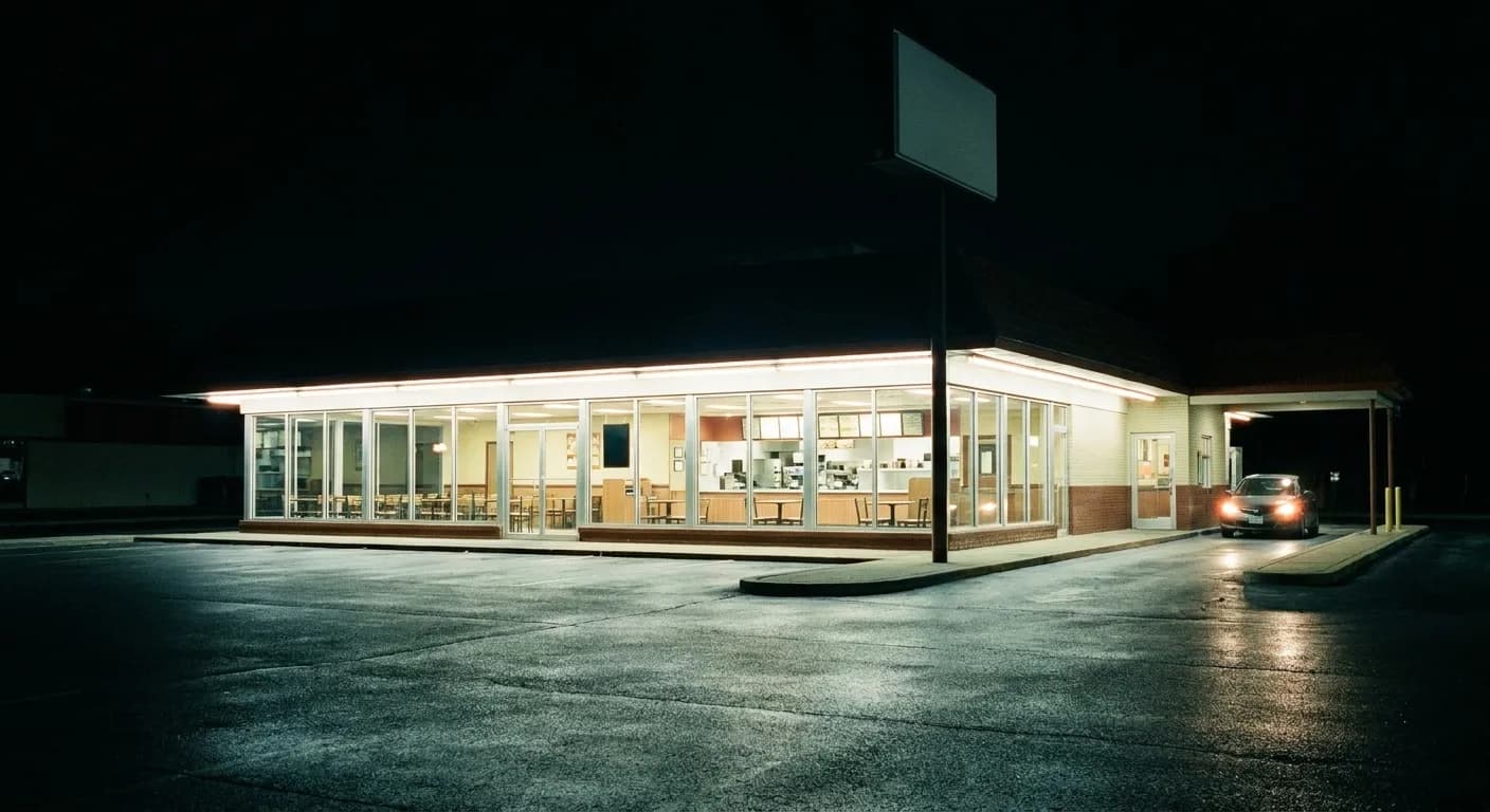 A single-storey fast food building at 2am with light spilling onto an empty lot and one car in the drive-thru lane