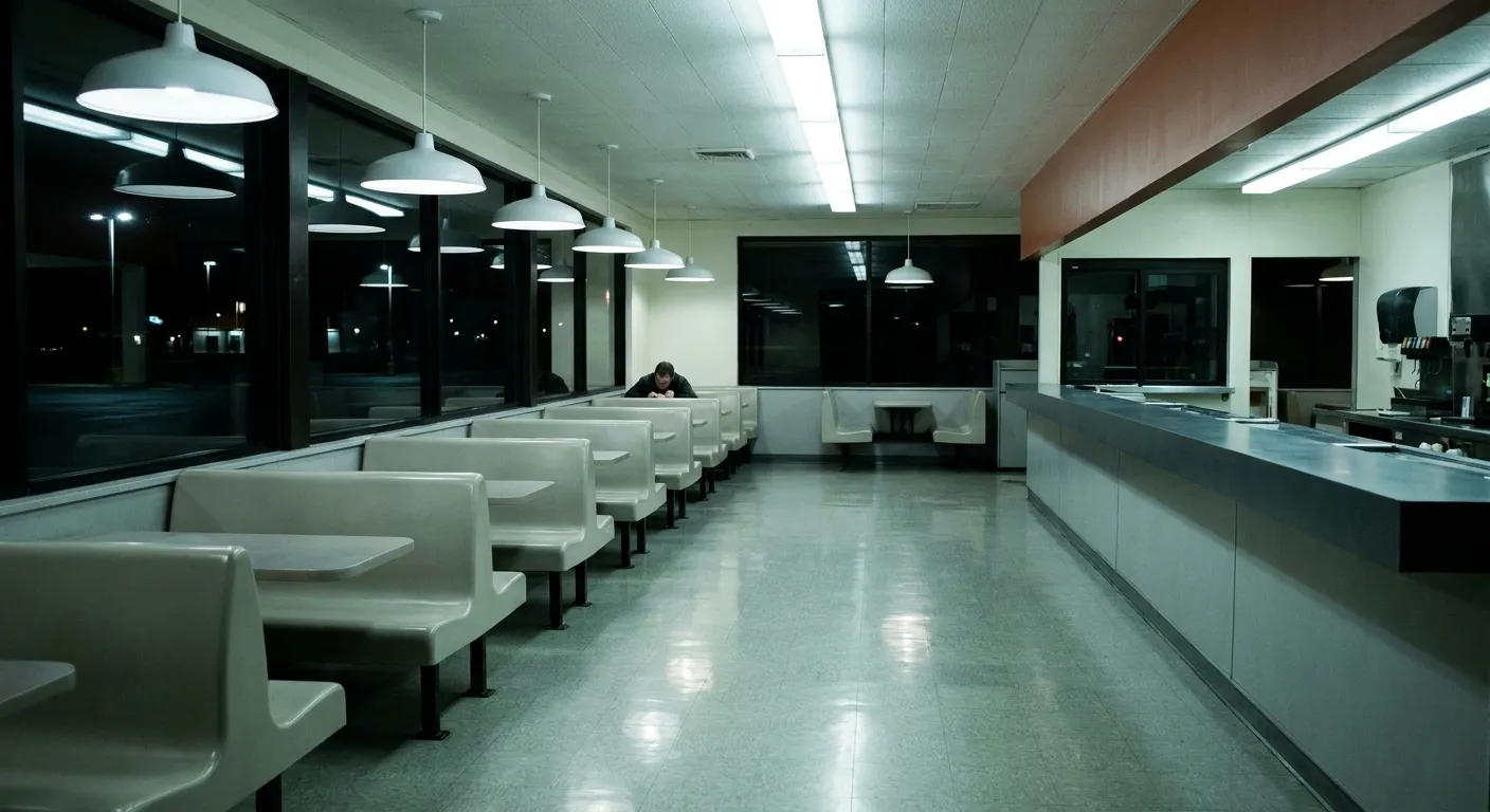 A nearly empty late-night fast food dining room with moulded plastic booths and one person seated at the far end under fluorescent light