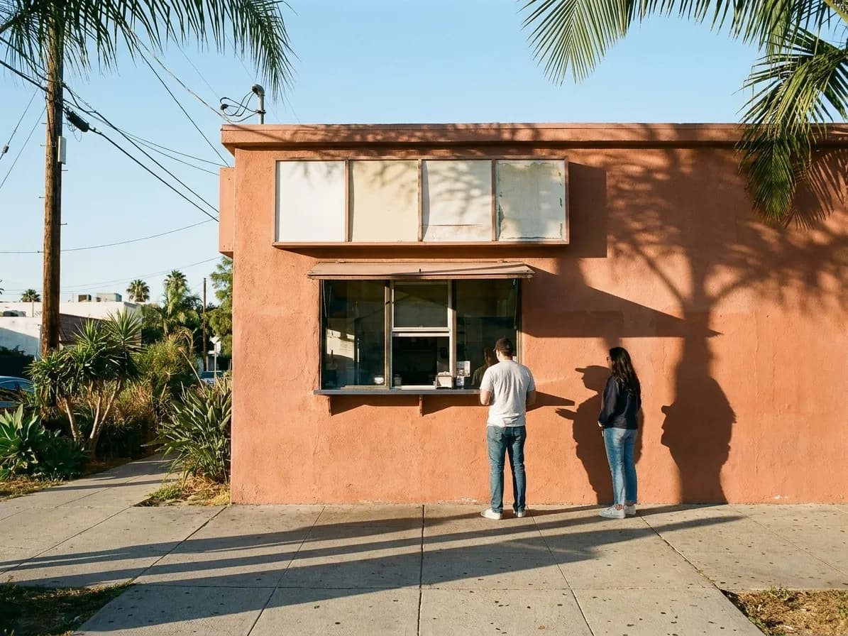 A walk-up food window cut into a stucco wall in Los Angeles with two people waiting on the sidewalk in hard afternoon light