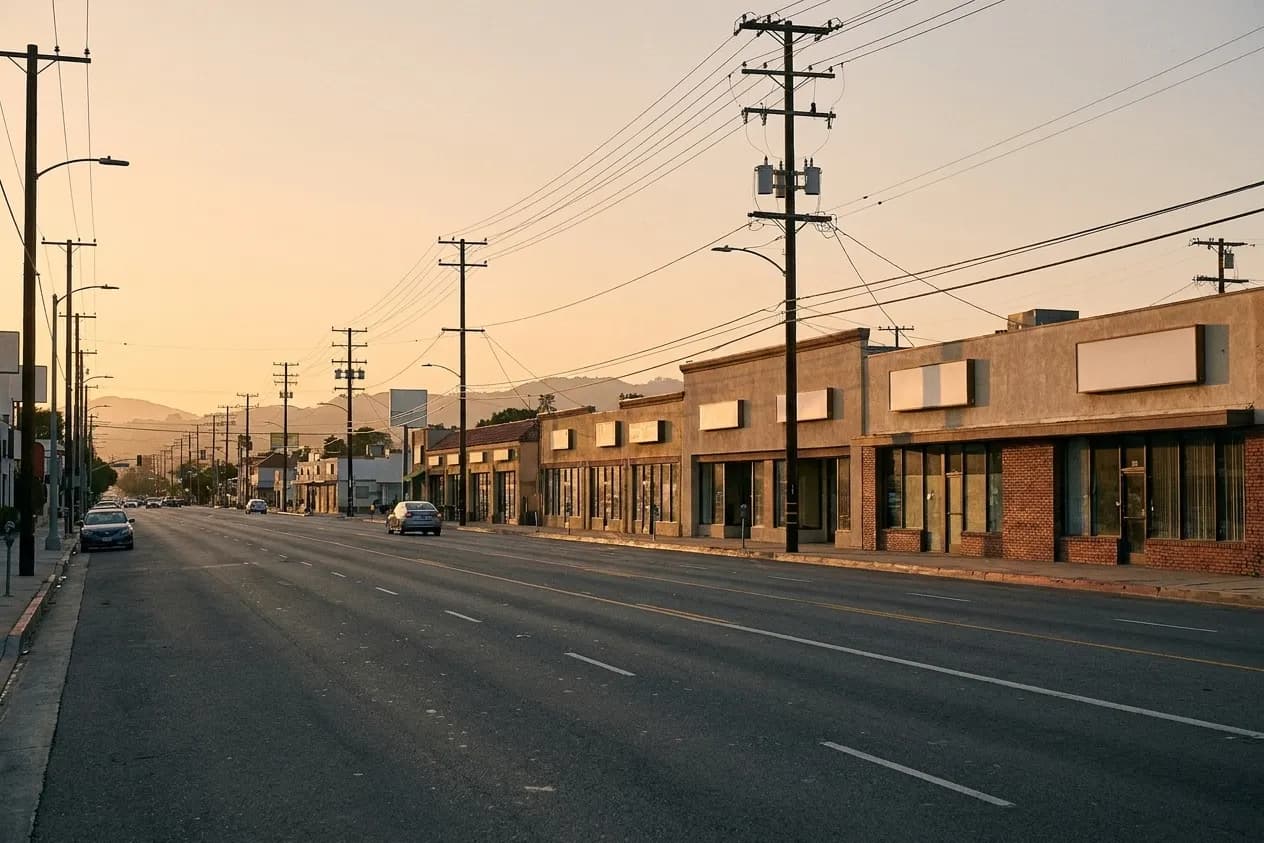 A wide Los Angeles boulevard at early evening lined with single-storey commercial buildings and overhead power lines