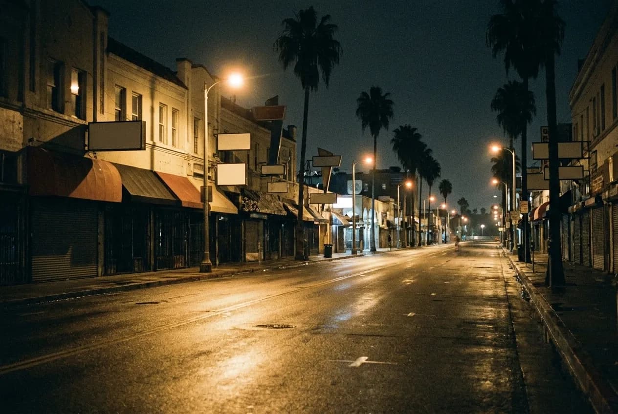 An empty Venice street after last call, everything dark except the streetlights