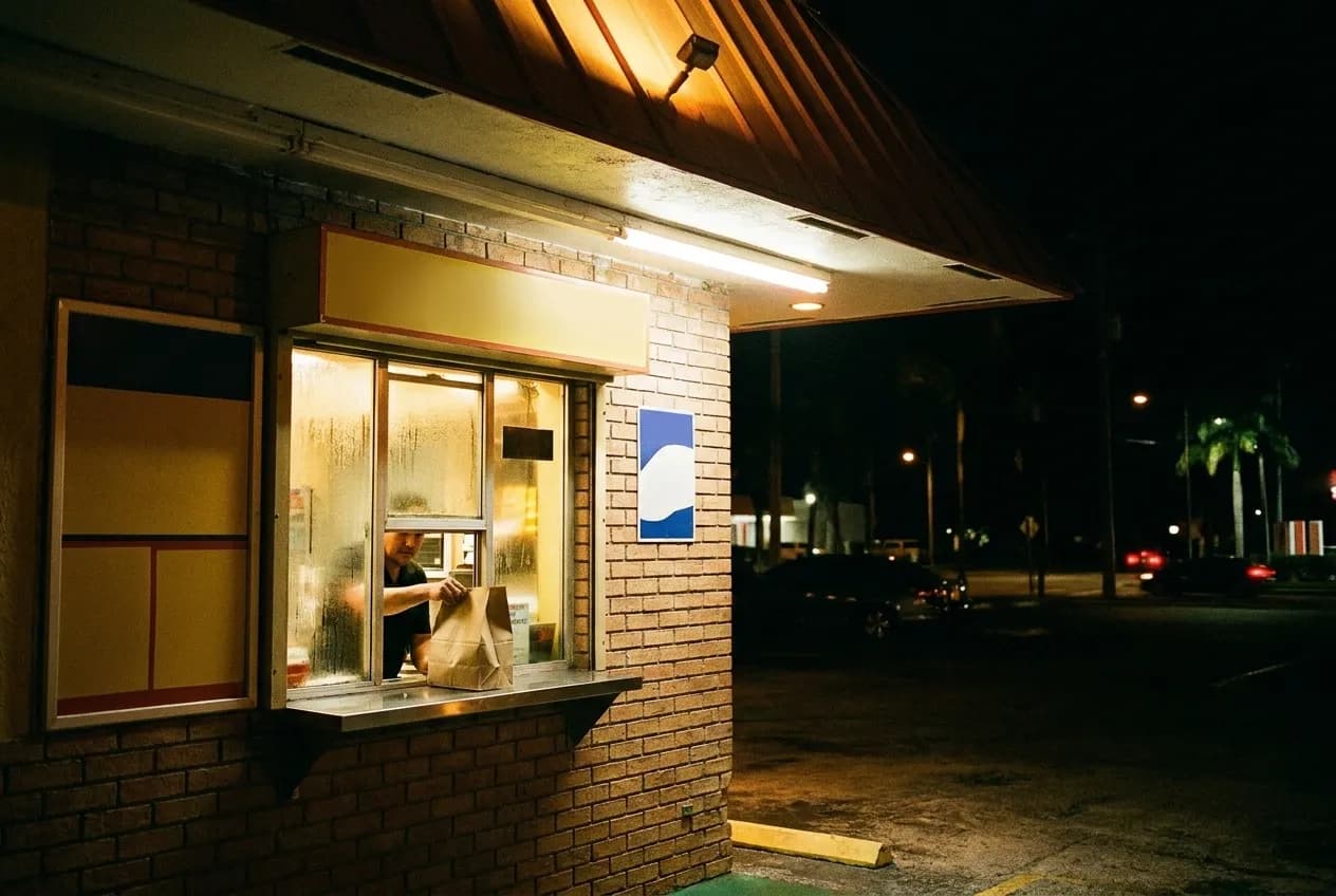 A lit service window in an otherwise dark parking lot