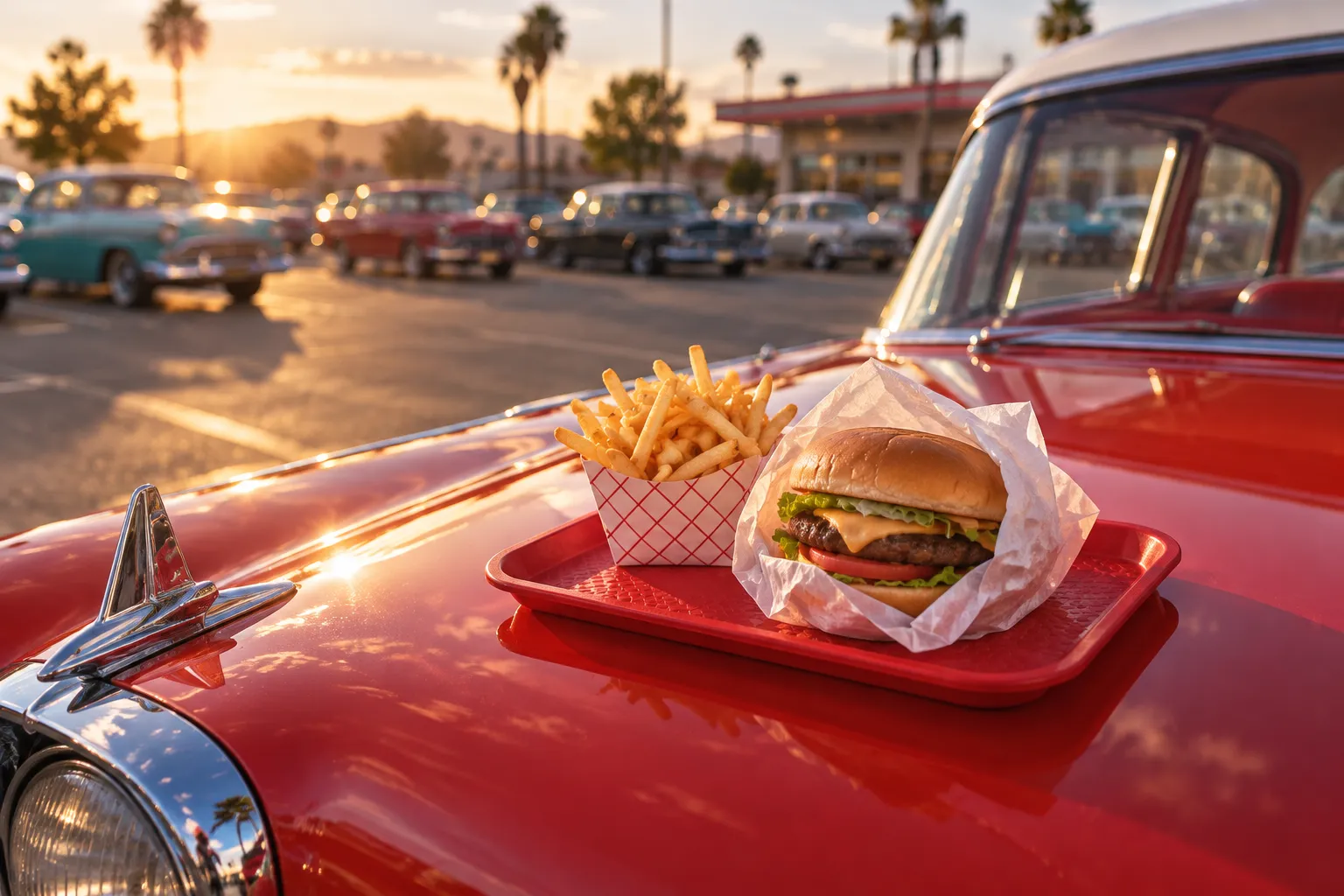 A tray with a burger and fries on the bonnet of a car in a car park