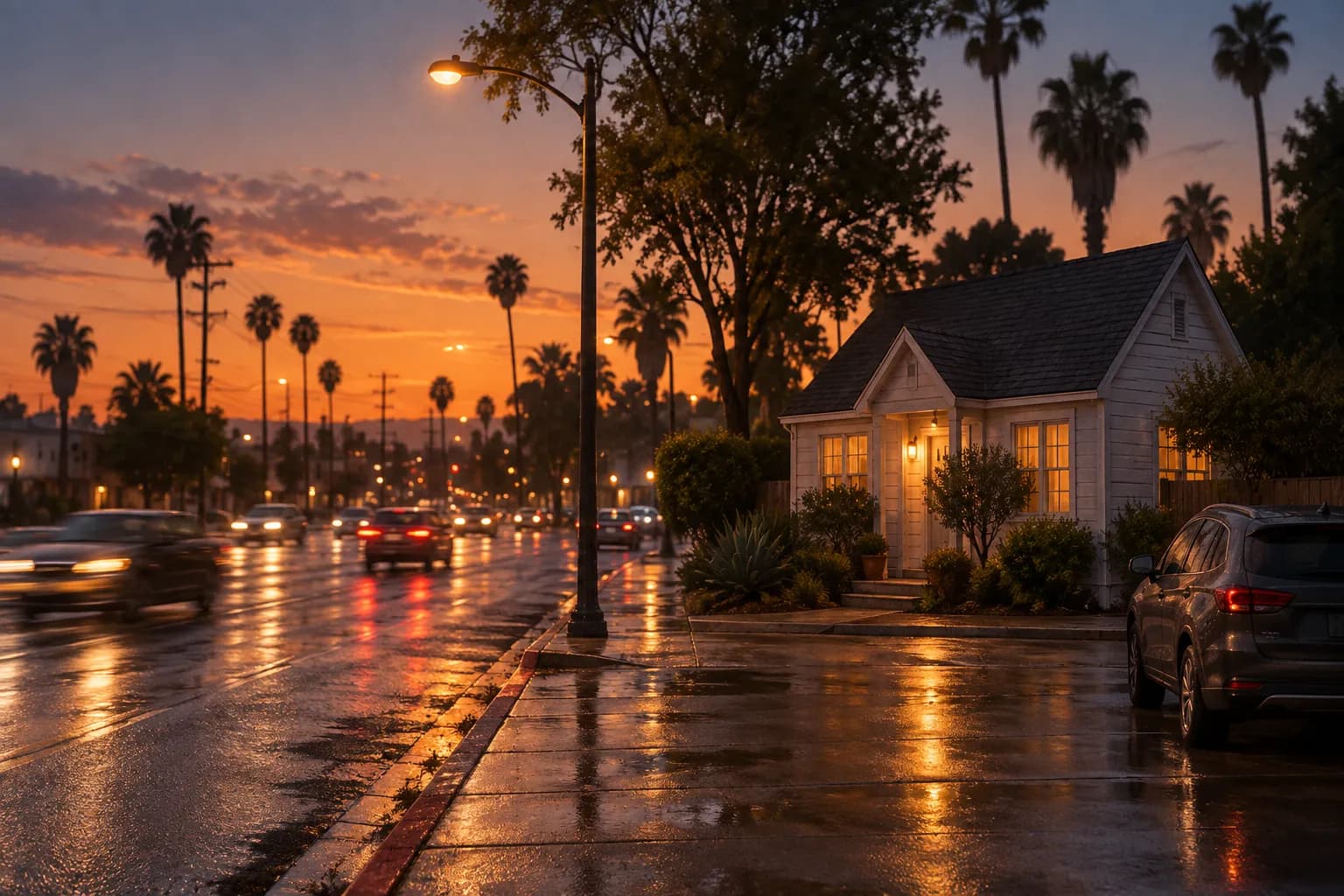 A small white cottage-style roadside building on a wide boulevard at dusk