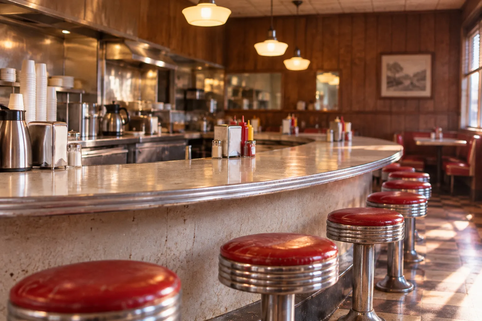 A horseshoe-shaped counter with stools inside a small diner