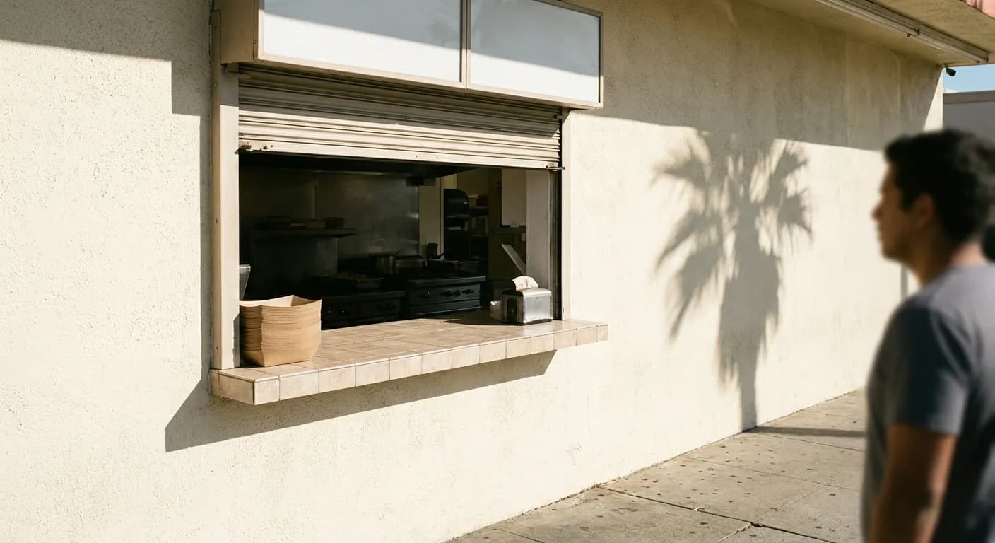 A walk-up food window on a Los Angeles sidewalk in hard afternoon light, with a tiled counter under a roll-up shutter, blank menu boards above and a palm shadow falling across the stucco wall