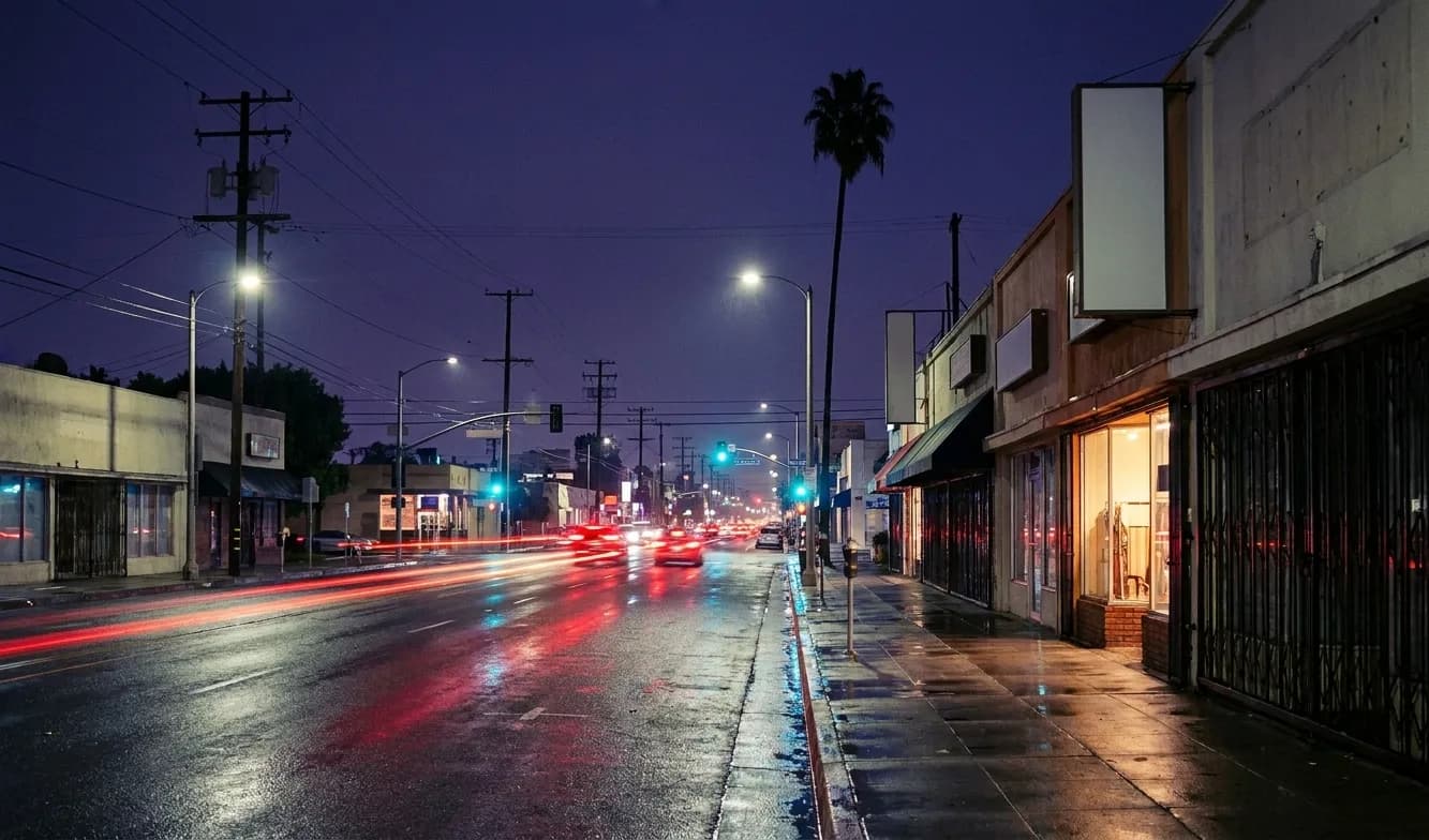 A wide Los Angeles boulevard around midnight, with low-rise storefronts lit along one side, tail lights streaking toward a distant intersection and a palm silhouetted against a dark violet sky