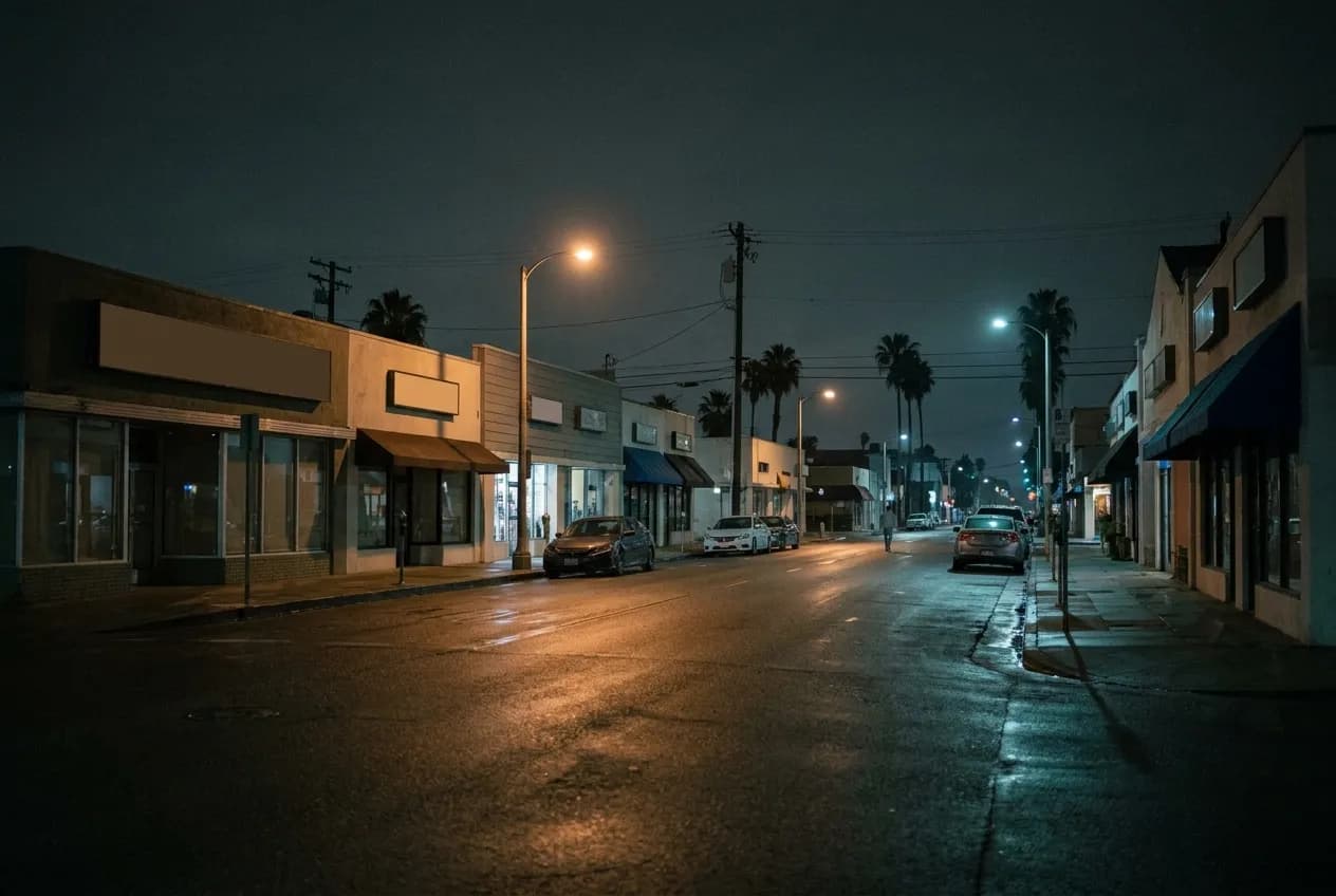 A low beach-town commercial street after midnight, most windows dark