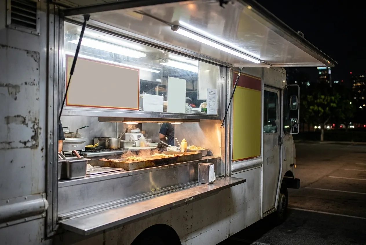 A food truck's serving window at night, the griddle lit behind it