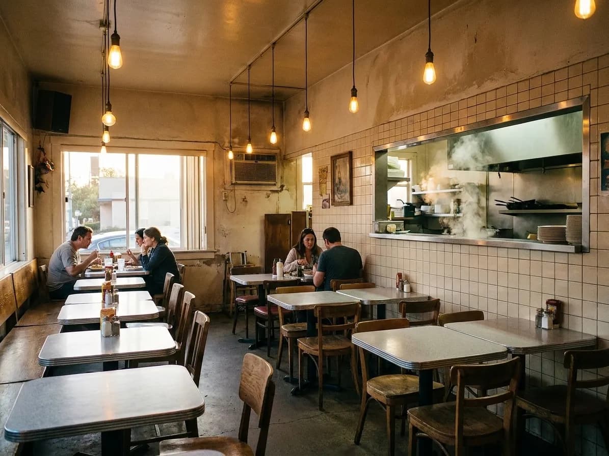 A small casual Los Angeles dining room with formica tables, mismatched chairs and a steaming kitchen service window at the back