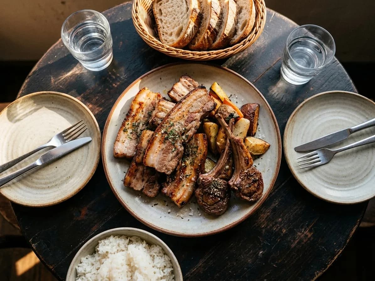 A large shared platter of grilled meat and vegetables between two small plates, with bread and rice at the edges