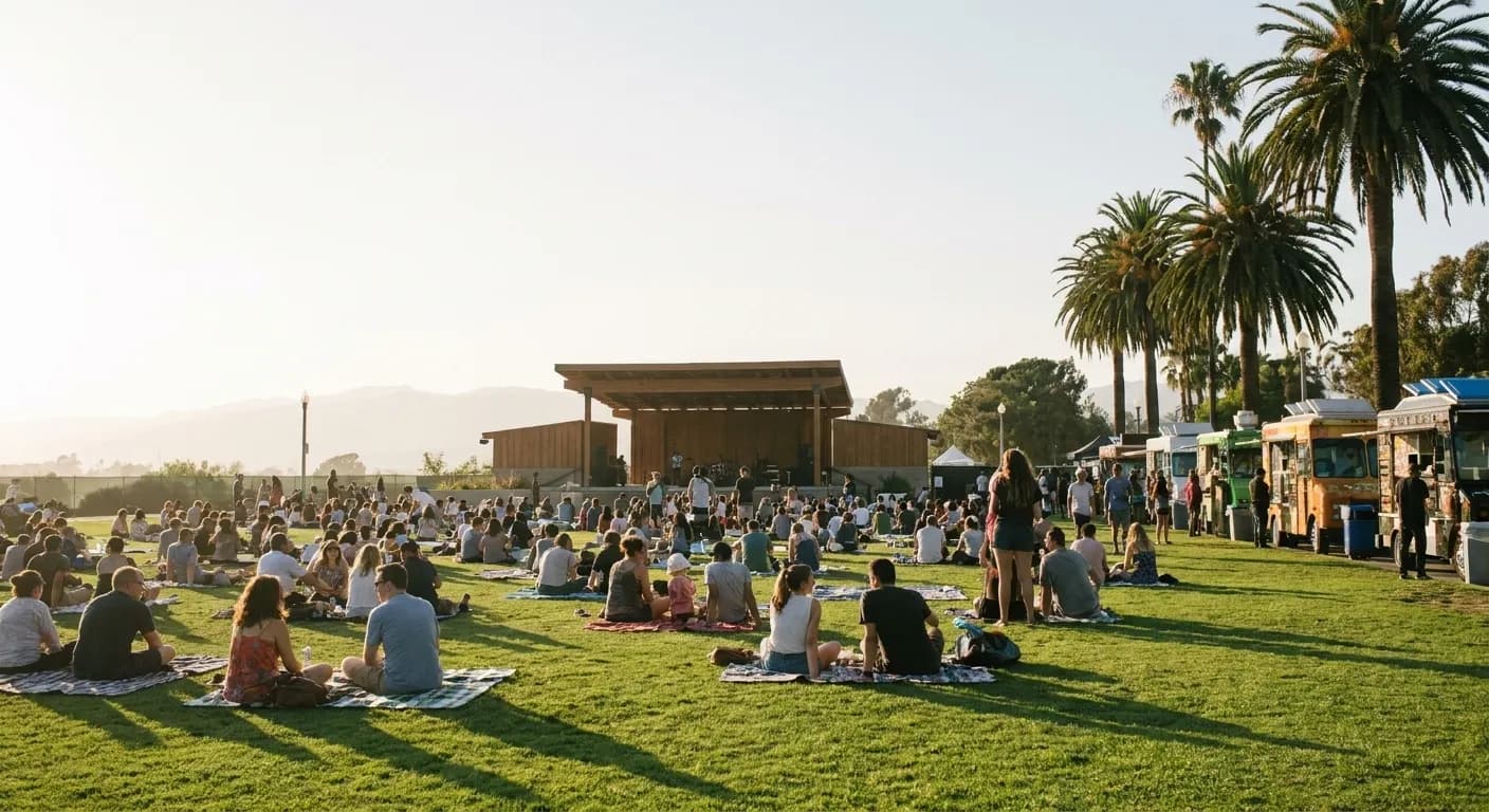 People on picnic blankets across a broad lawn at a free outdoor event in a Los Angeles park, a low stage and food carts along one edge