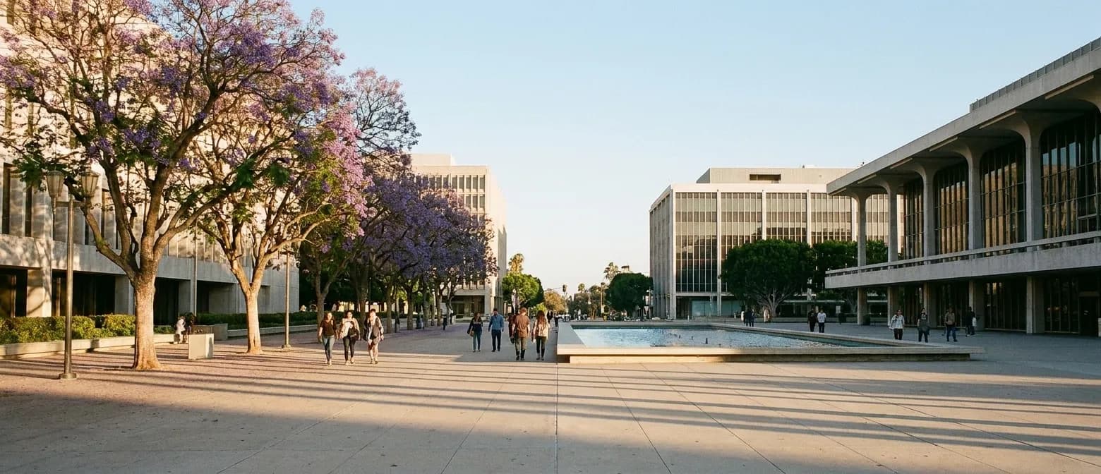 A wide Los Angeles civic plaza in late afternoon with jacarandas casting long shadows, a shallow fountain and people crossing in loose groups