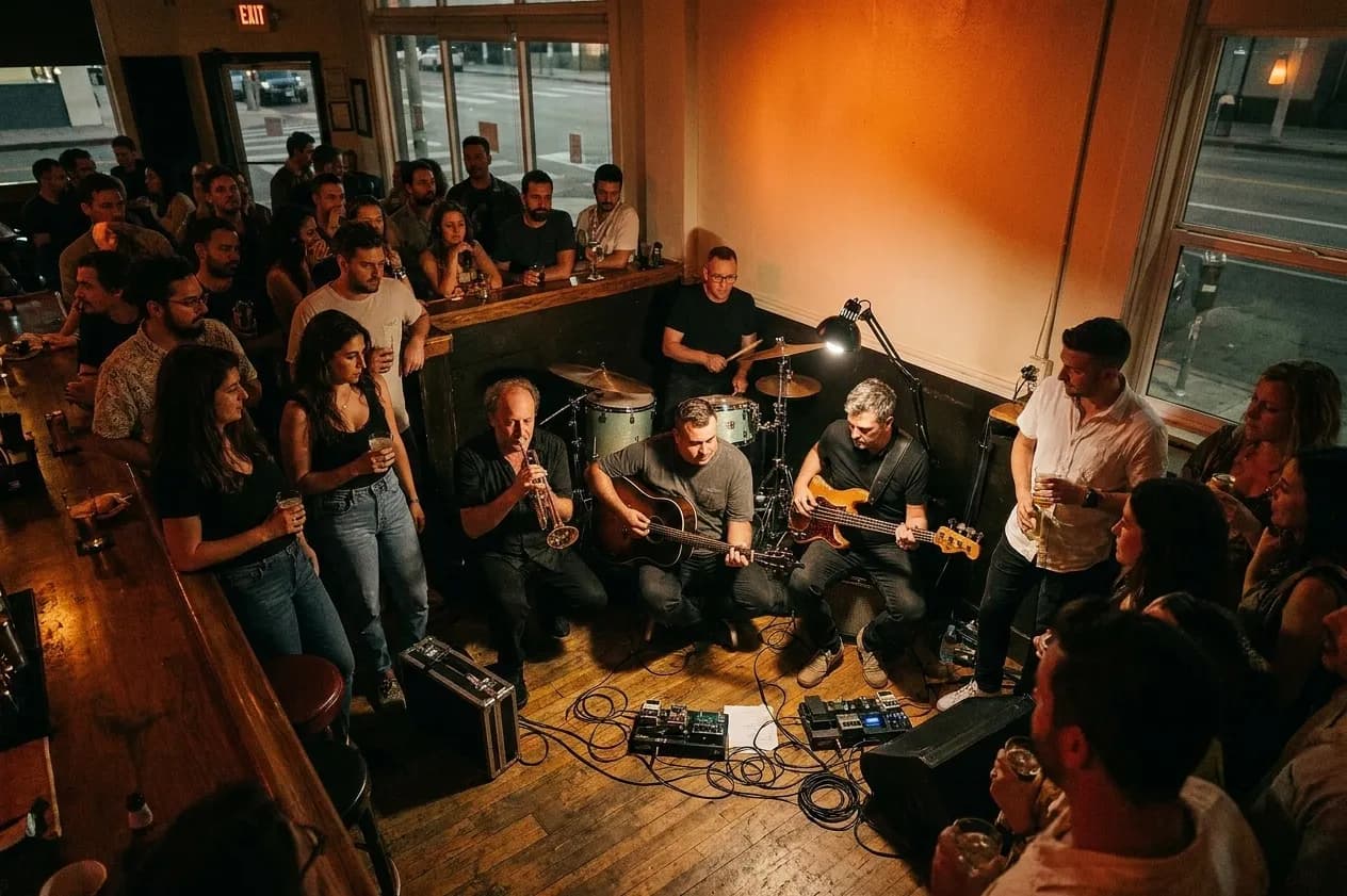 A three-piece band squeezed into the corner of a bar with small amps and thirty people standing close under one clip-lamp spot