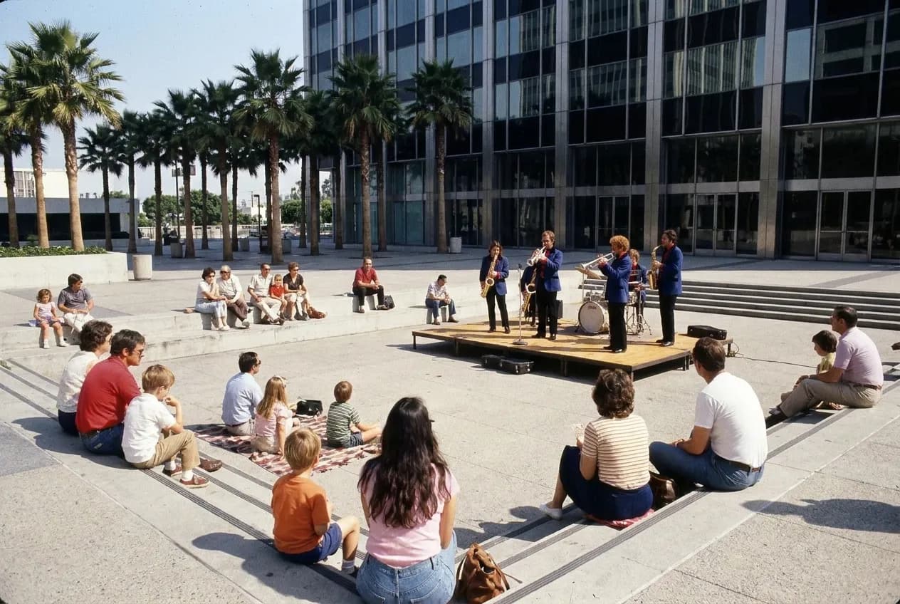 A small ensemble on a low platform in an open plaza with families sitting on steps and low walls in bright sun