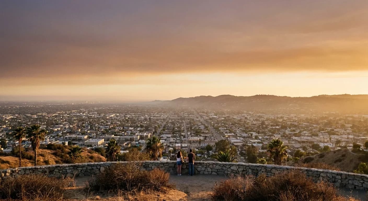 A hilltop overlook above the Los Angeles grid before sunset with dry brush in the foreground and two people at a low wall