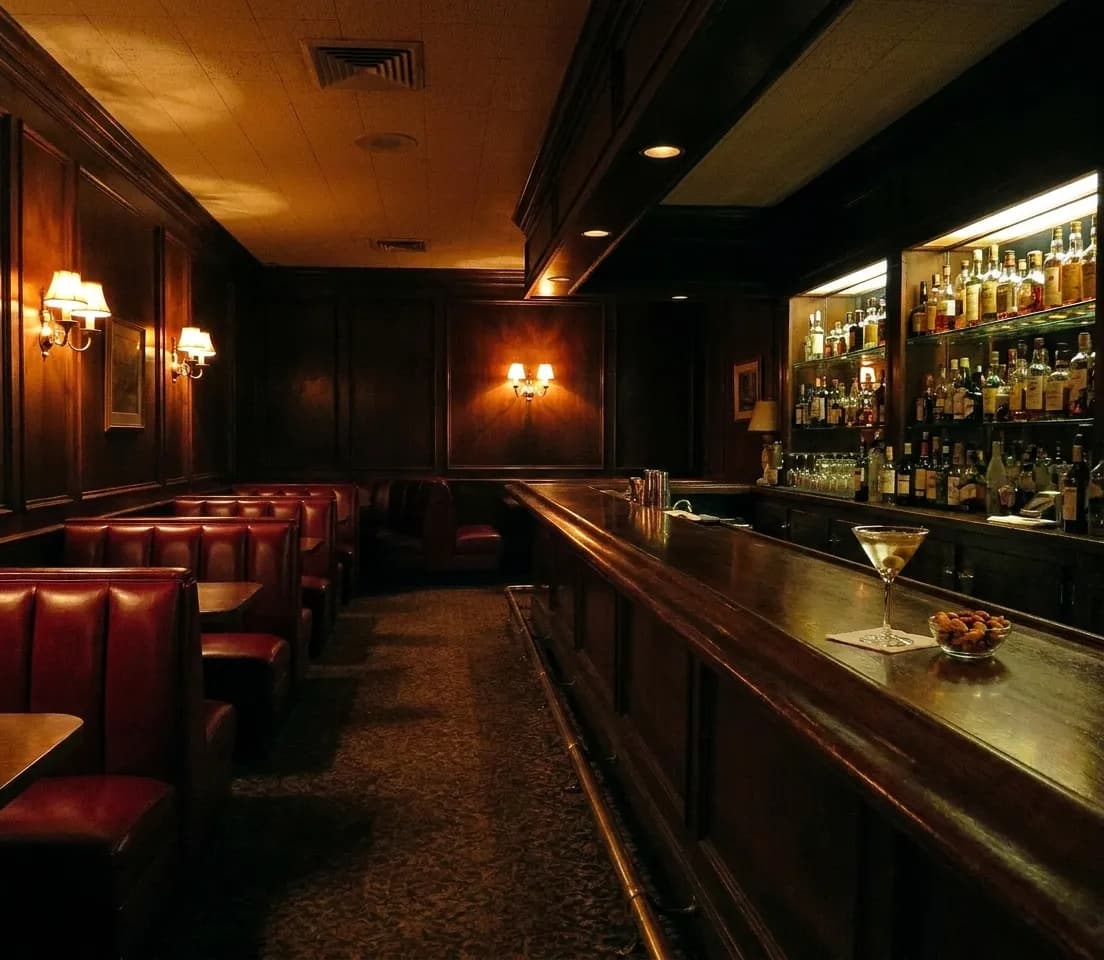 The bar side of an old Los Angeles steakhouse in late afternoon, red leather booths along dark panelling and a long brass-railed bar under amber sconces, with a martini and a dish of nuts on the bar top