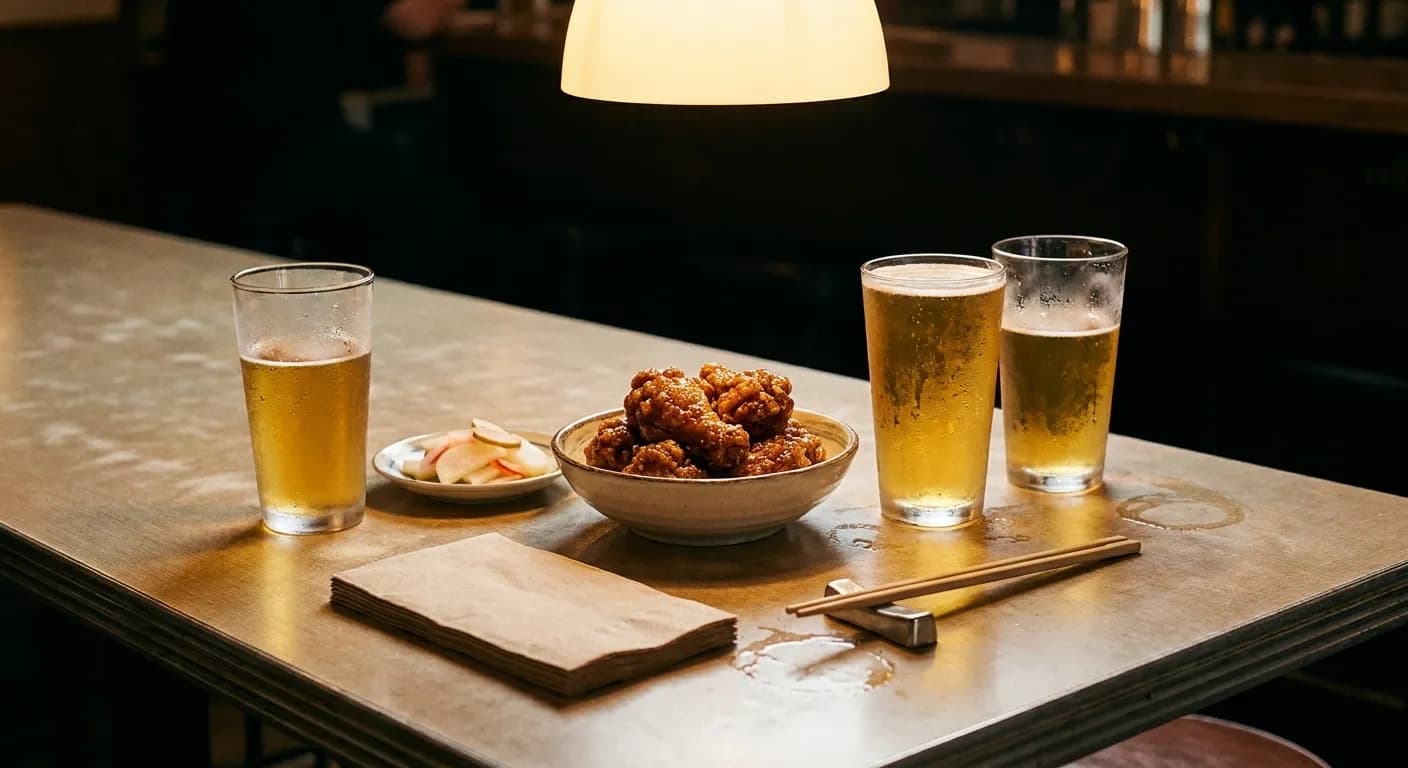 A happy-hour spread on a small bar table with two frosted glasses of lager, a bowl of soy-glazed fried chicken and a plate of pickled radish under a single warm pendant