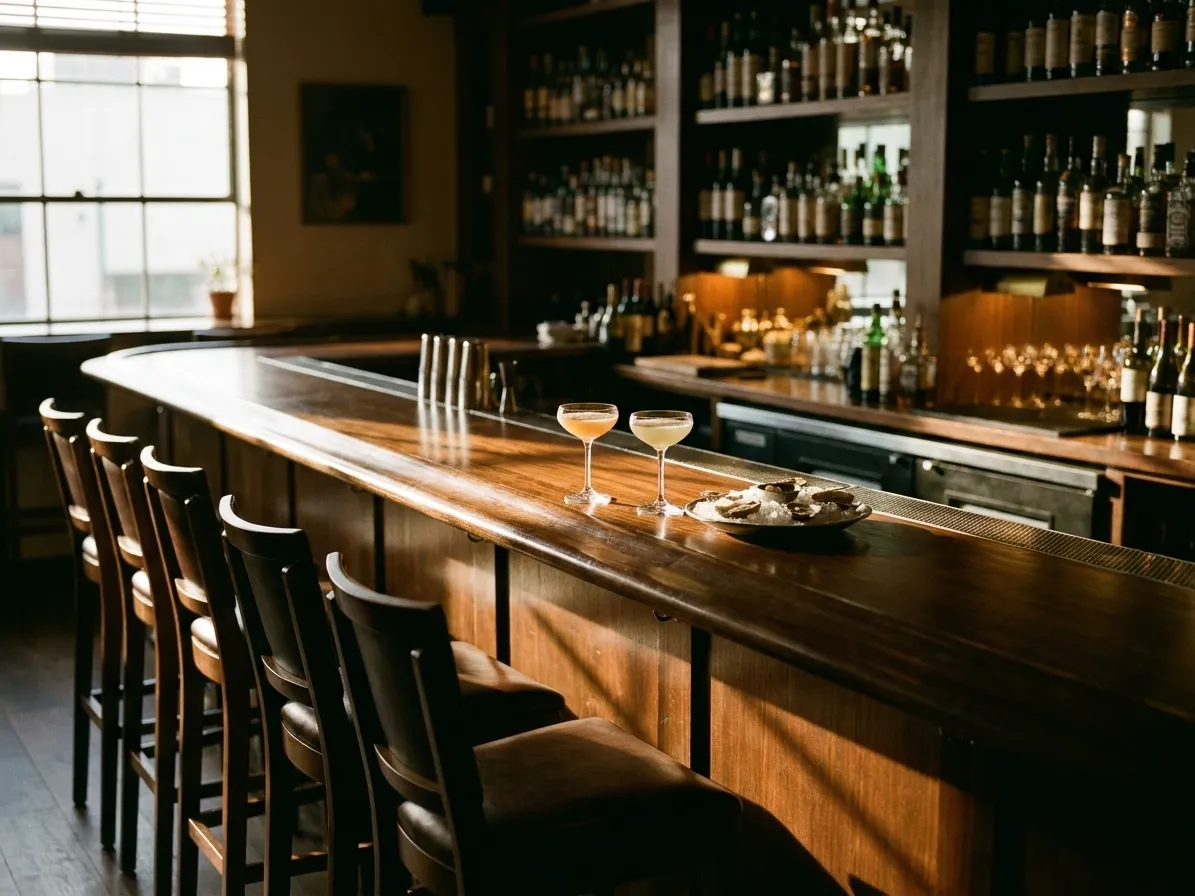 A long dark timber bar counter in Los Angeles with empty stools, two glasses and a plate of ice, late sun striping the bar top