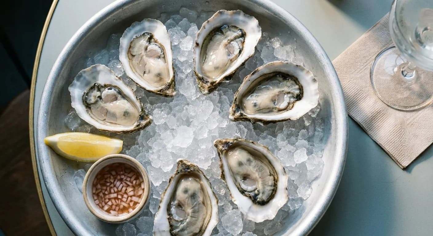 Six oysters on crushed ice in a shallow metal tray with lemon and mignonette, shot from above with condensation on the metal