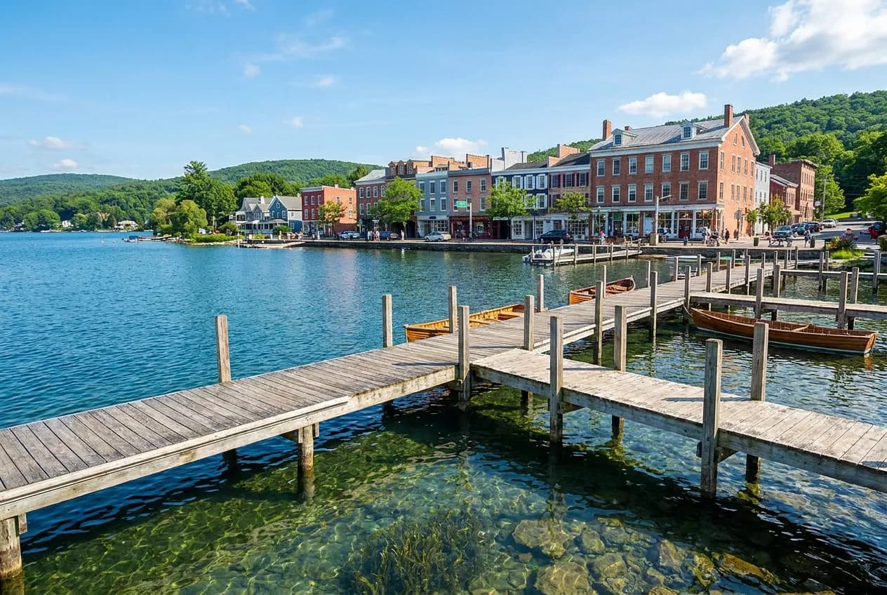 A clear blue lake ringed by green hills with a historic lakeside village and a wooden pier in the foreground under a summer sky