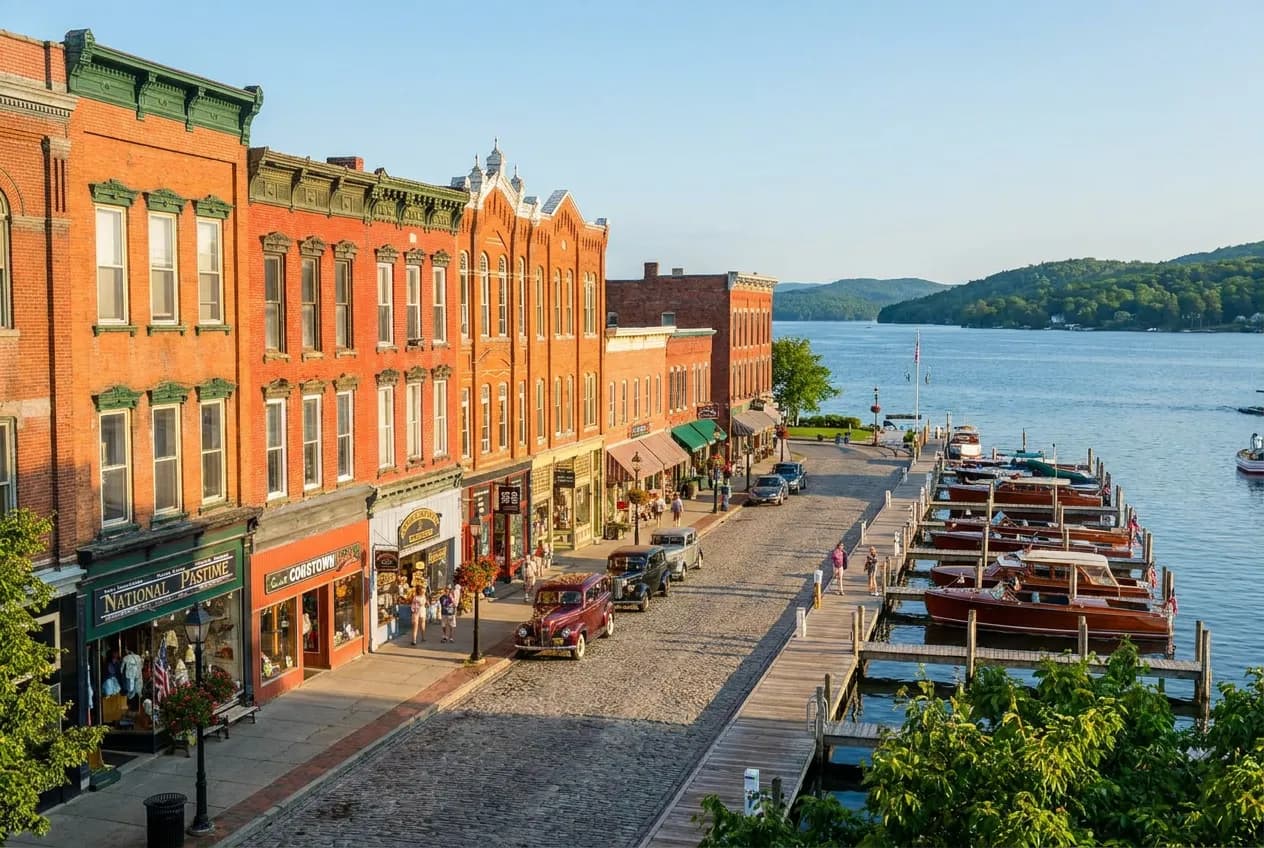 A genteel lakeside village Main Street of historic buildings leading down to a marina and a calm blue lake