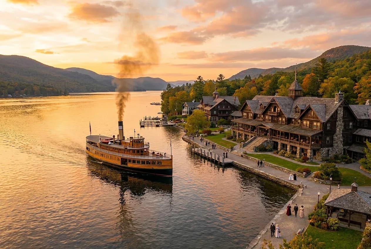 A grand old lakeside resort town with a steamboat on a large mountain-ringed lake at golden hour