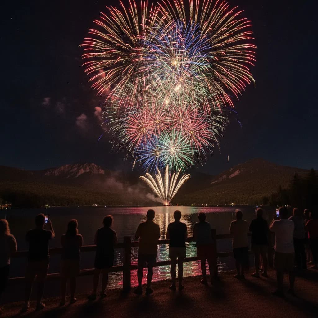 Fireworks over Mirror Lake during a Lake Placid Fourth of July weekend