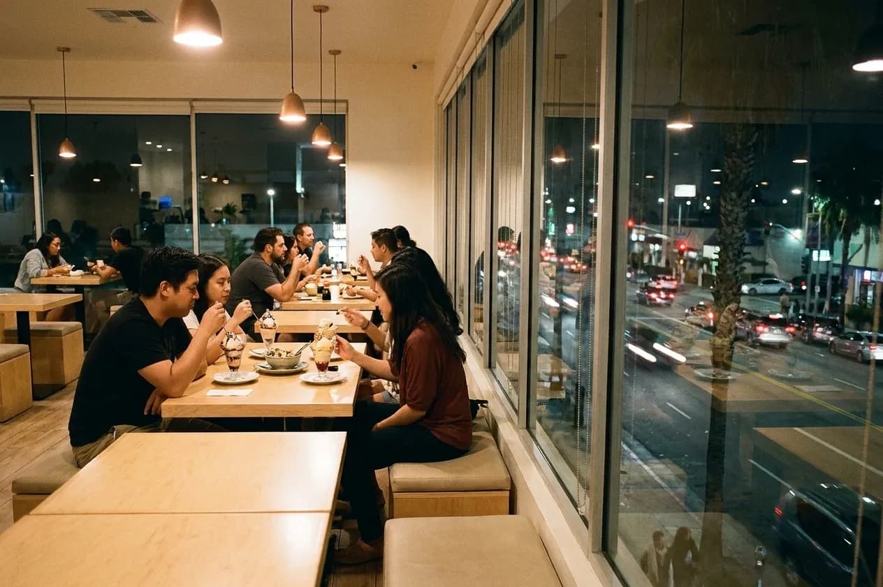 A second-floor dessert café at night with pale wood tables, low benches and windows looking down onto a lit boulevard