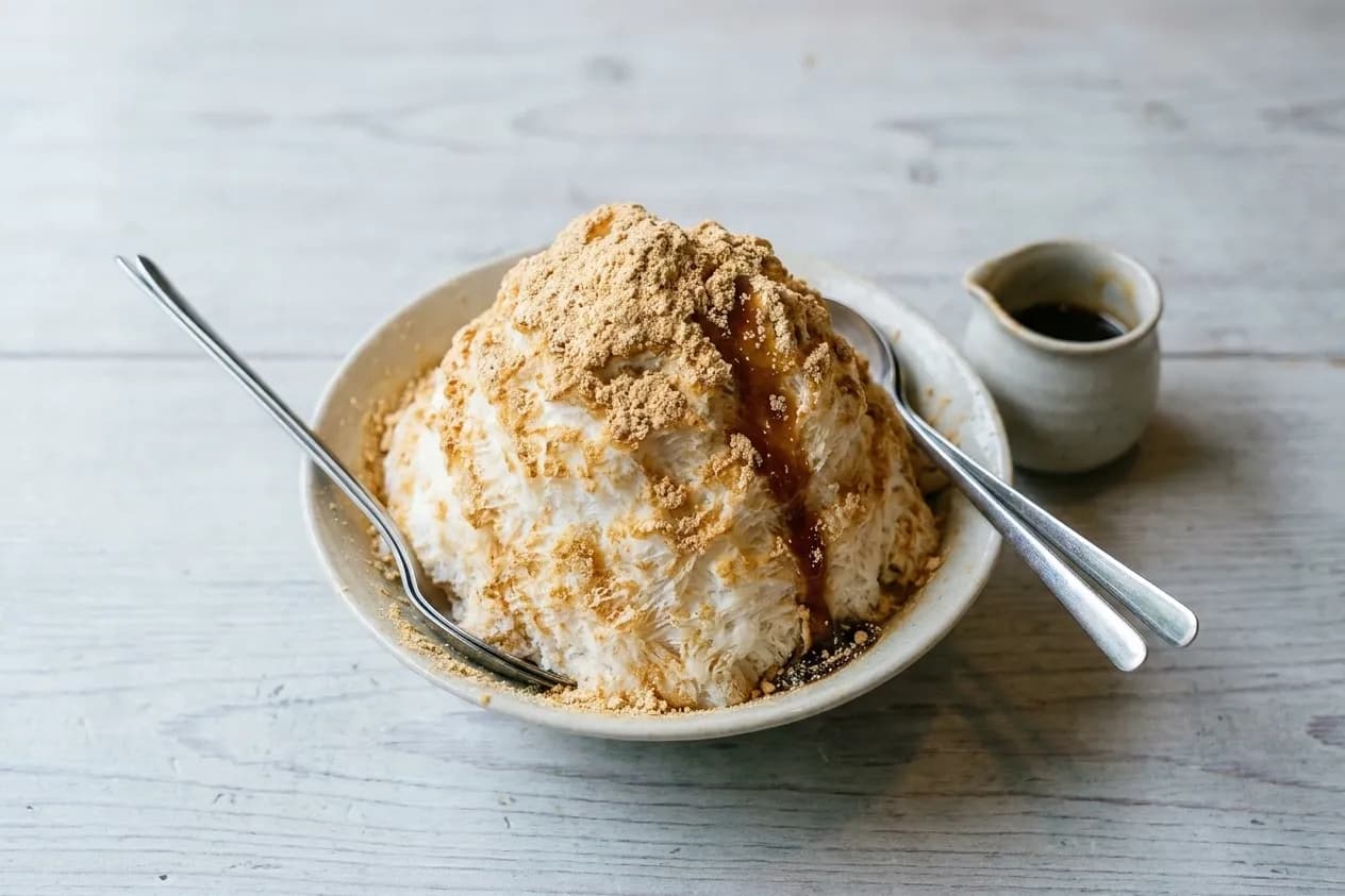 A wide bowl of shaved milk ice heaped high and dusted with roasted powder, with two long spoons resting against the rim