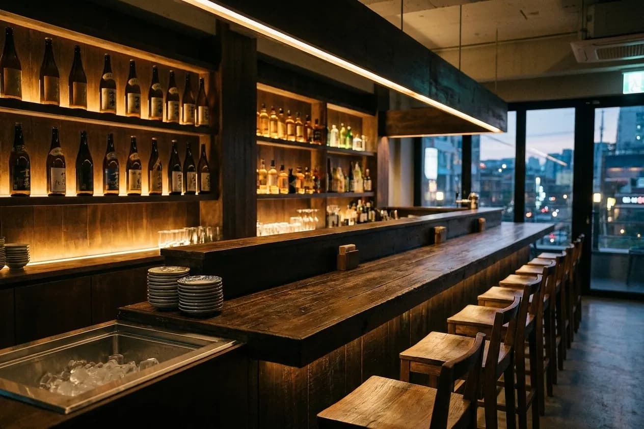 A small dark-timber bar counter with low stools and backlit bottle shelves in the early evening, a stack of small plates at the near end