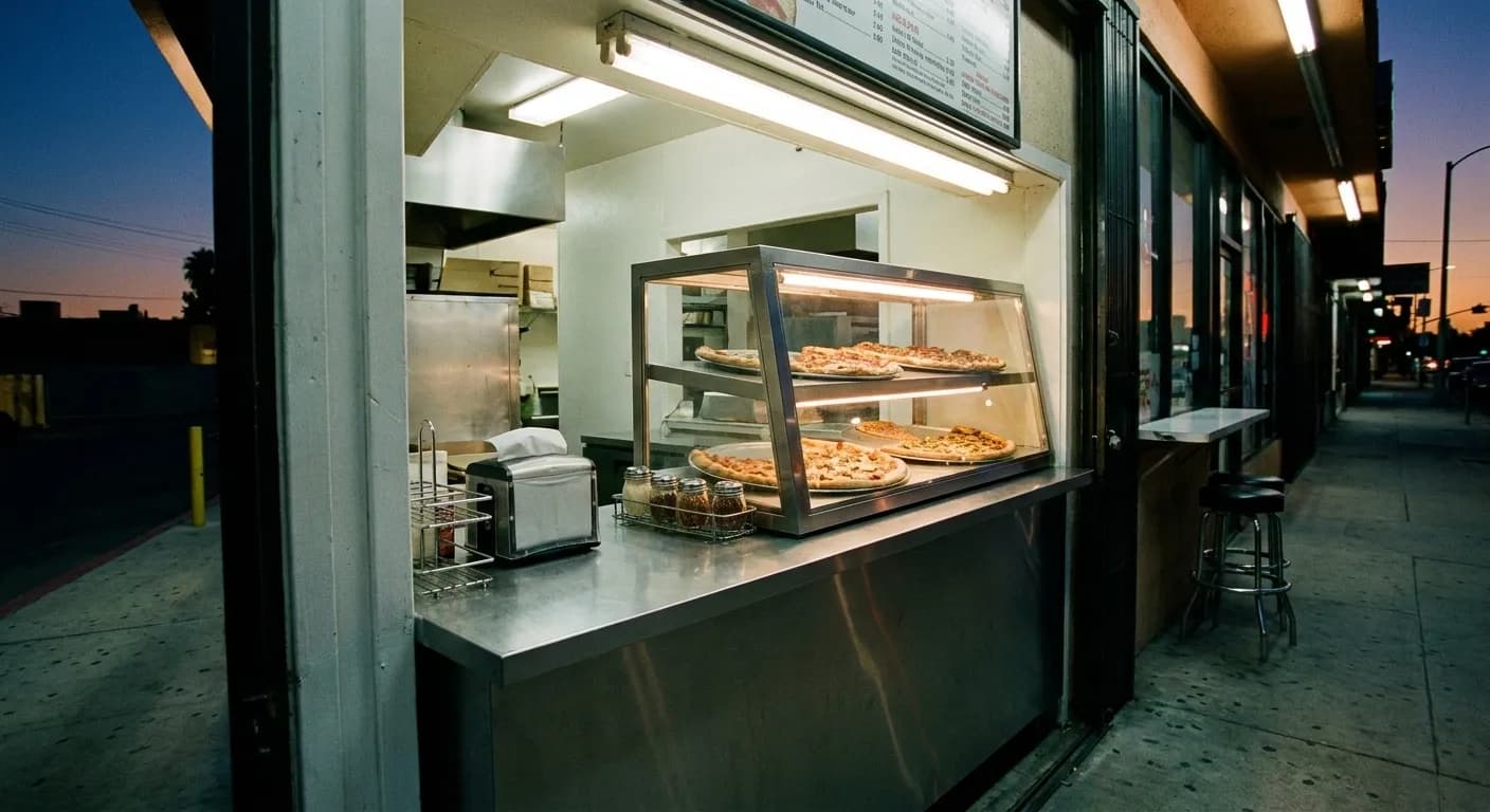 A tiny pizza counter in a Los Angeles mini-mall with a glass warmer of sliced pizza, a stainless counter and a single stool at a window ledge