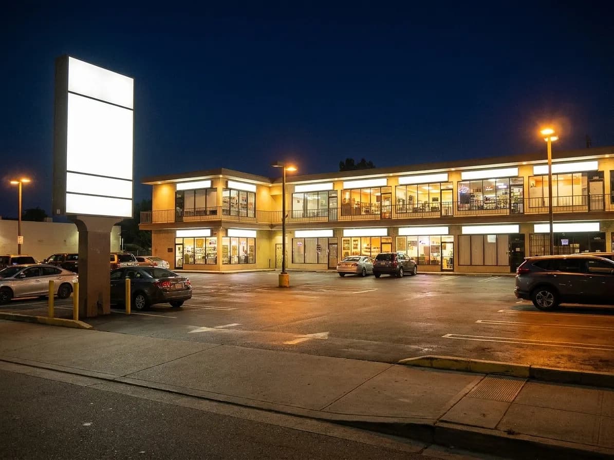 A two-level Los Angeles mini-mall at night with lit shops along an upper walkway and a half-full parking lot below