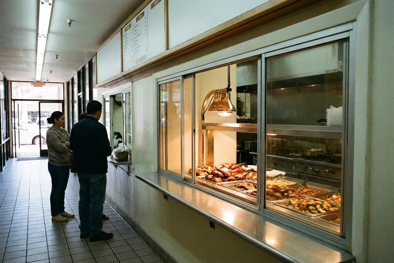 A compact walk-up counter in a mini-mall corridor with a sliding glass hatch, heat lamps over trays and two people waiting
