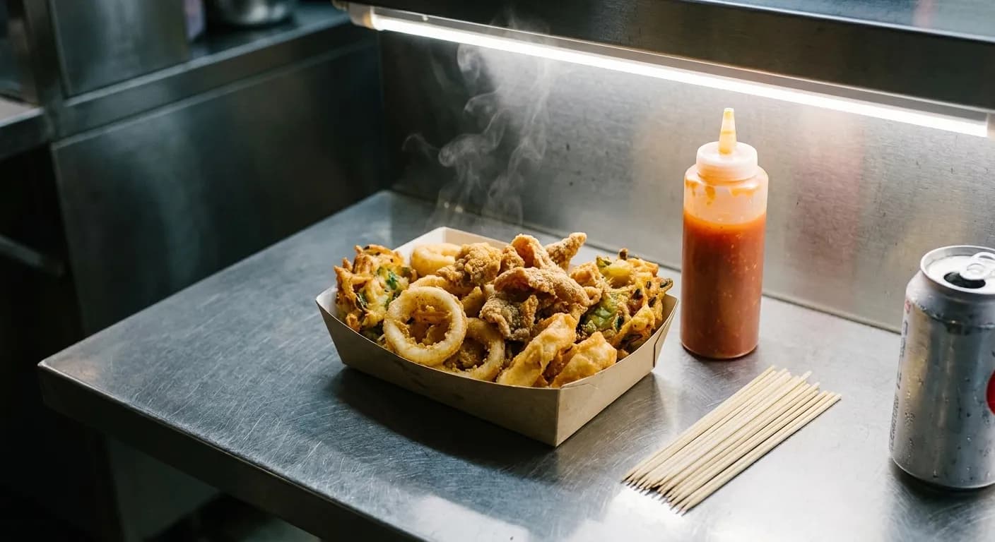 A paper tray of hot fried snacks on a stainless table beside a sauce bottle, wooden skewers and a cold canned drink