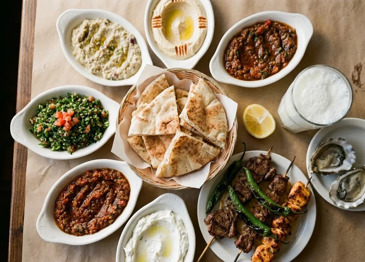 A mezze spread seen from above on a paper-covered restaurant table, five white dishes of dips and salads around a basket of torn flatbread beside grilled meat with charred peppers
