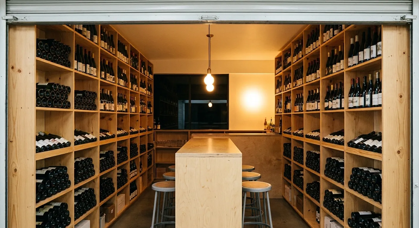 A compact wine room in a mini-mall unit with pine shelves of bottles behind a four-seat plywood bar under a single pendant